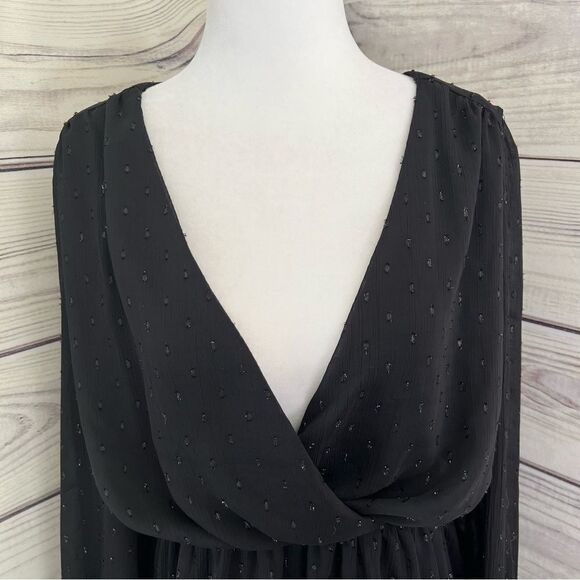 The Impeccable Pig Black Metallic Dot Surplus Deep V Neck Long Sleeve Dress - Picture 2 of 9
